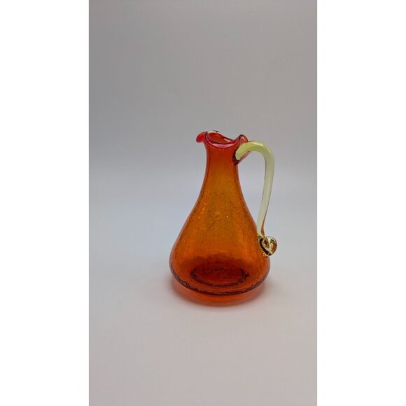 Pilgrim Glass Crackle Glass Pitcher Orange Yellow Handle Vintage Collectible - Picture 3 of 8